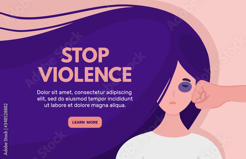 Stop domestic violence. Woman is punched in face by aggressor. Girl with purple hair. Concept is for crisis help center or for advocacy for women's rights. Poster, banner, brochure. Vector, eps10 photo