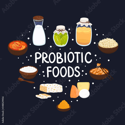 Vector probiotic foods. Best sources of probiotics. Beneficial bacteria improve health. Design is for label, brochure, menu, poster, advertising banner, article about diets, healthy proper nutrition