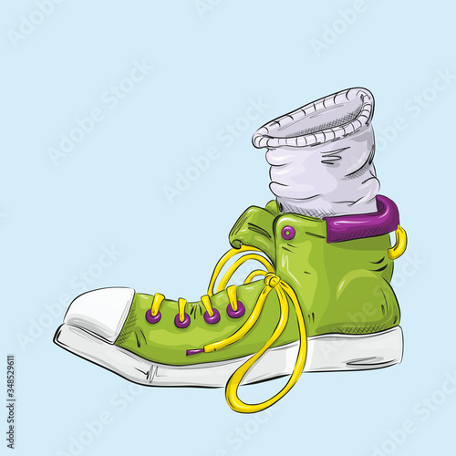 Shoes for travel and brisk walking. Green sneaker with a fashionable pattern. Cartoon style. T-shirt design idea.
