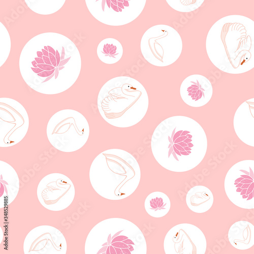 White swans, water lily and bubbles seamless pattern on pink background