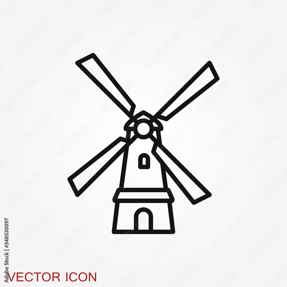 Windmill vector icon, wind turbine symbol isolated on background.