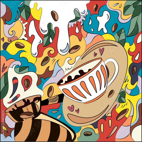 Bright abstract illustration on the theme of coffee with milk. Colorful surreal print background