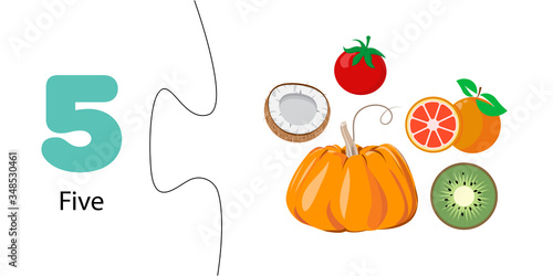 Number 5, Fruit cards with numbers five, worksheet for children who are learning to count. Five objects coconut, pumpkin, kiwi, orange, tomato