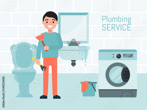 Plumbing service concept, character male worker flat vector illustration. Washing machine repair, toilet and sink. Maintenance water supply system, bathroom and washroom renovation.