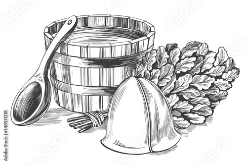bath accessories, Russian sauna, water, steam broom, hand drawn vector illustration realistic sketch
