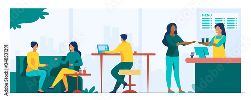 People meeting in cafe for lunch vector illustration. People sitting at tables, drinking coffee and working on laptops and barista standing at counter. Friends drink coffee with pastry in coffeehouse