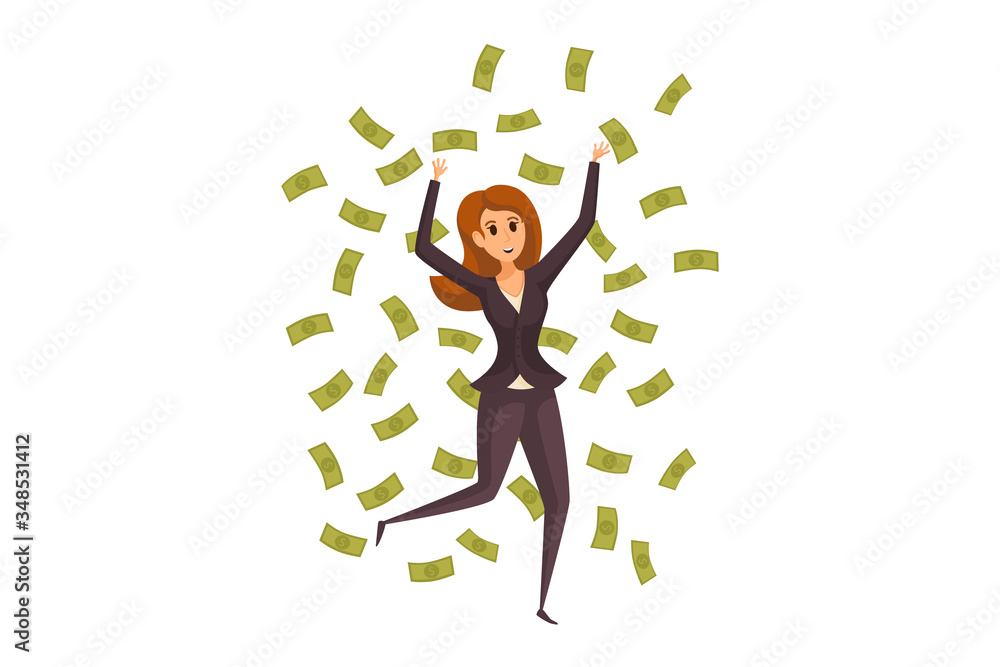 Money, success, profit, wealth, business concept. Young happy smiling rich businesswoman clerk manager cartoon character standing under pouring cash rain. Financial luck or income raising illustration