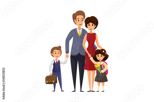 Back to school concept. Young happy family cartoon characters man father woman mother with children kids son and daughter at knowledge day. Starting education, beginning of academic year illustration.