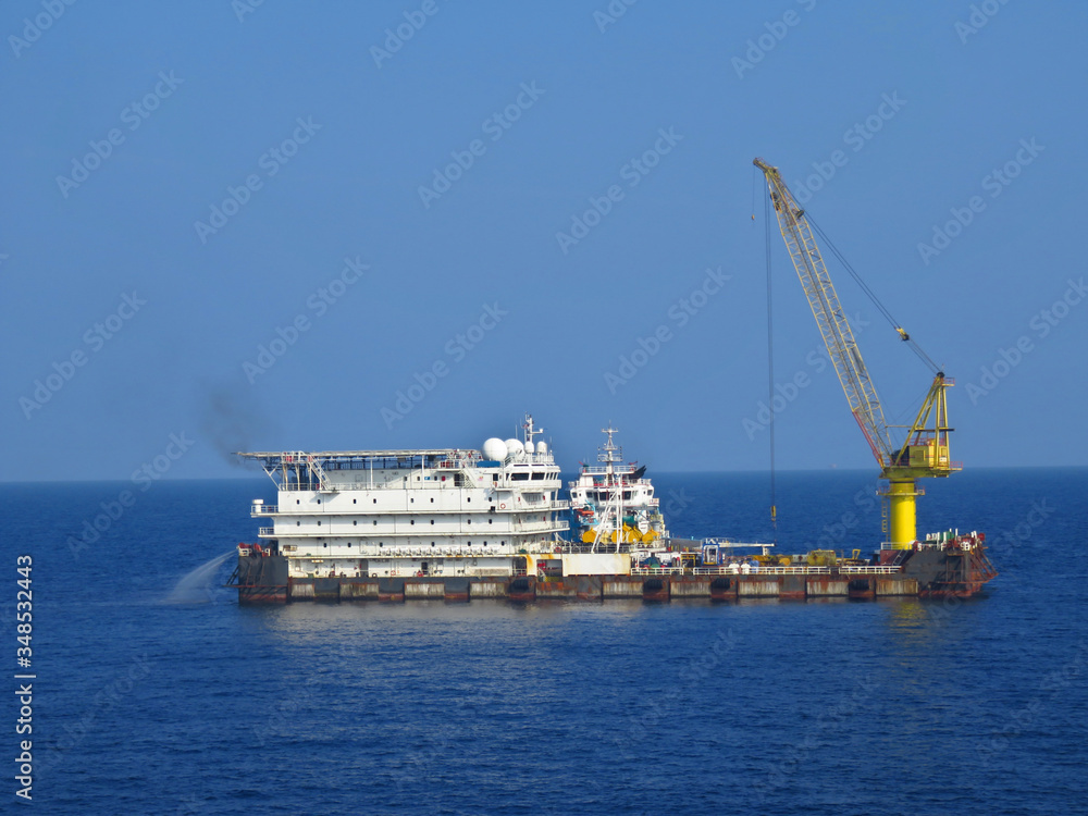 A typical Offshore Accommodation and Work Barge in the Oil and Gas industry. Offshore Accommodation Barge to serve as an offshore hotel to personnel and crew.