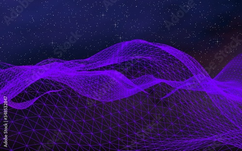 Abstract ultraviolet landscape on a dark background. Purple cyberspace grid. hi tech network. Outer space. Violet starry outer space texture. 3D illustration