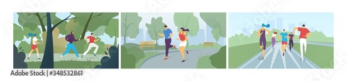 Running marathon people, jogging, doing sport excercise, competition set of flat vector illustrations banners. Runners in park, outdoor motion and healthy lifestyle, speed run for active people.