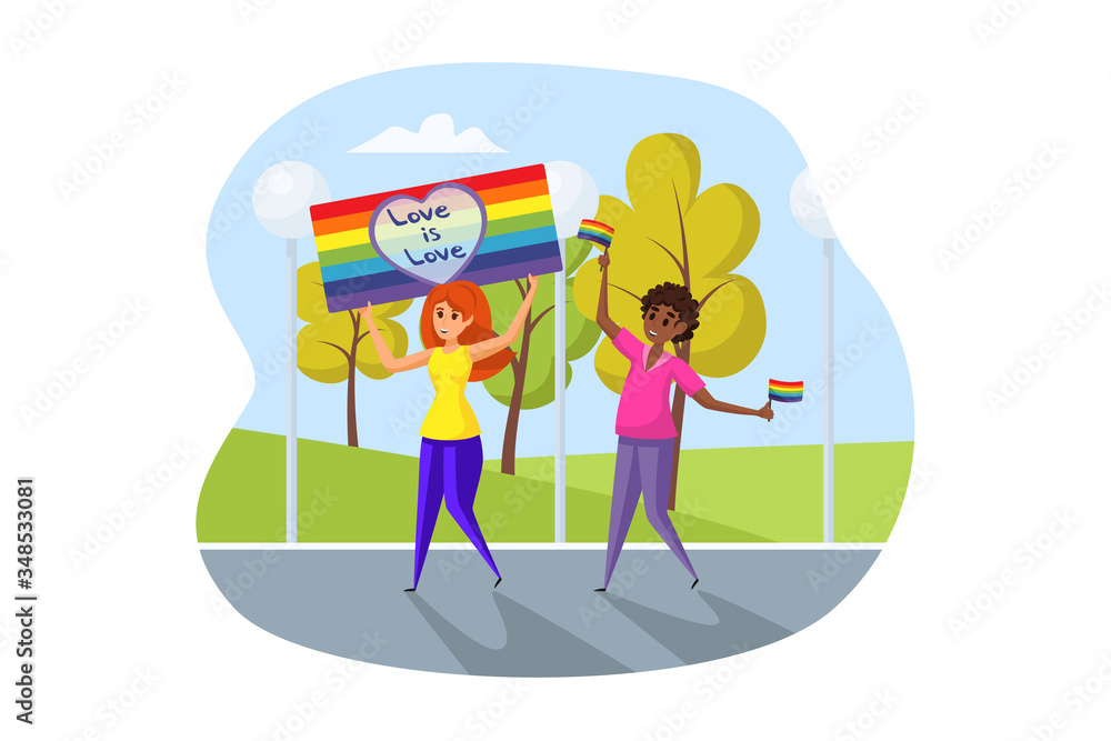 Activism, lgbt, parade concept. Homosexual women lesbians activists cartoon characters take part at street demonstration for sexual minorities rights. Protest against sex discrimination illustration.