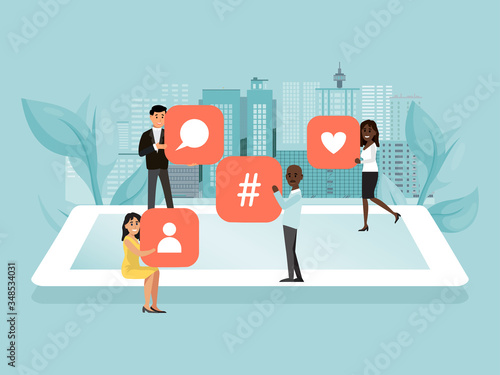 Online chat conversation  internet message  character people male female use gadget  technological flat vector illustration. Concept social network  modern discussion  rapid information exchange.