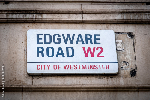 LONDON- Edgware Road street sign, a landmark street known for its nightlife and Arabic influence 