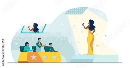 Female celebrity woman signing in front of jury flat vector illustration. Young singer standing on scene or stage and performing at TV talent show. Competition and television contest concept