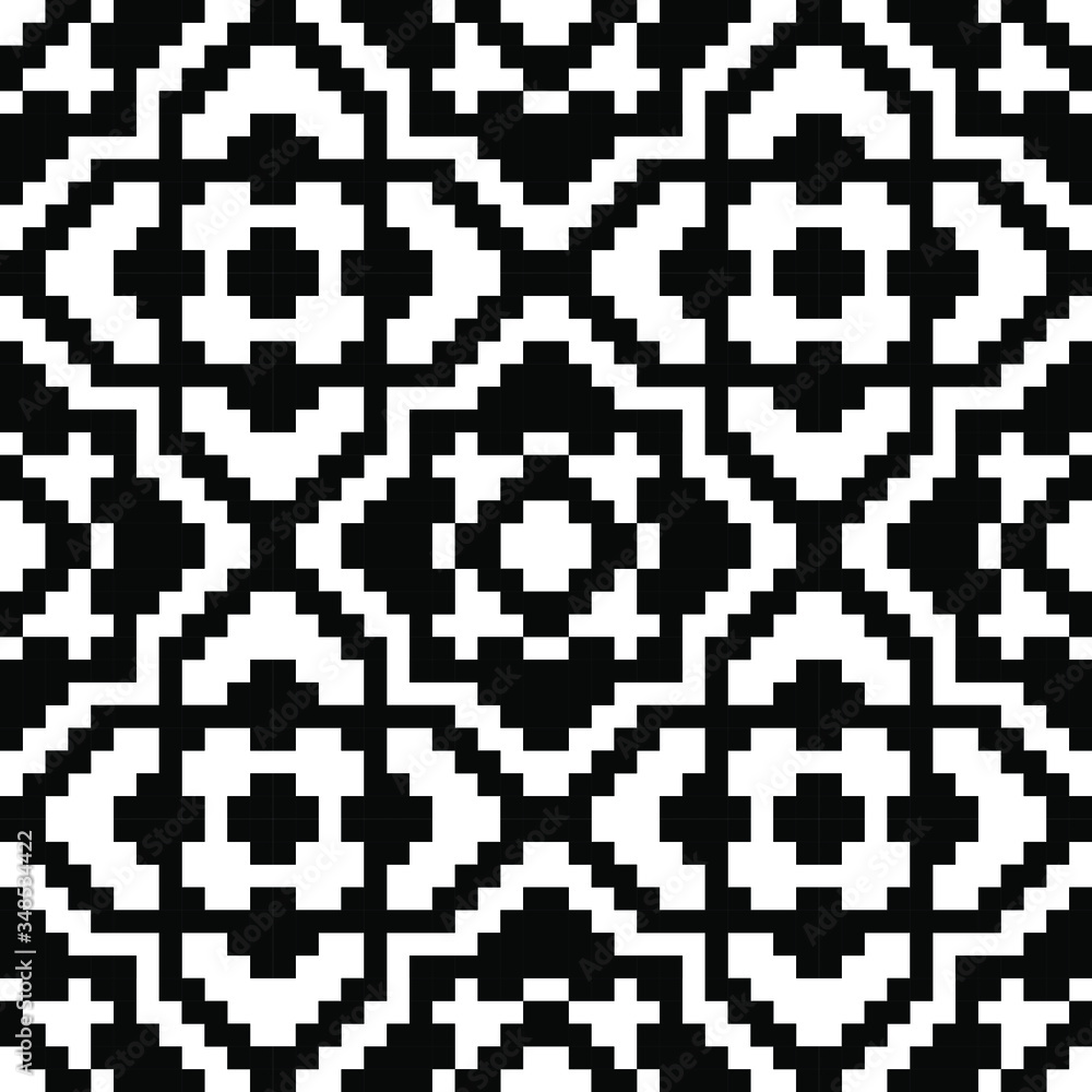 Black and white geometry tile template. Pixel seamless pattern. Background, texture. Wallpaper, floor carpet. Wrapping paper. Fabric pattern