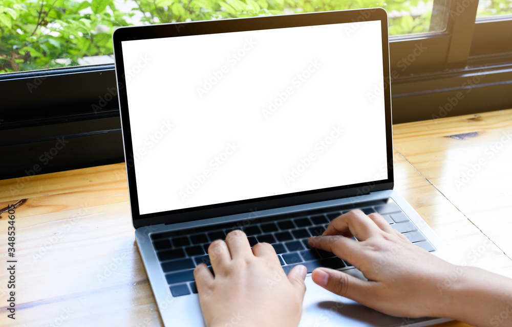 Computer mockup white background on desk. Laptop with blank screen. Computer mockup white background on desk. Laptop with blank screen.