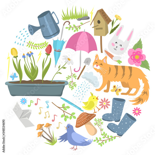 Spring time round pattern flat vector illustration. First warm day, park outdoor area, flowering plant and easter hare. Early summer weather, new blossom grow life, bird tree chirp.