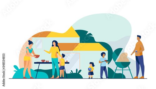 Family on BBQ party on backyard flat vector illustration. Happy characters cooking, chatting and eating together outside near house. Kids playing in garden. Barbecue and outdoor activity concept