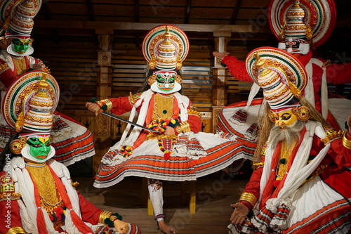 Kathakali performers during the traditional kathakali dance of Kerala's state in India. It is a major form of classical Indian dance related to Hindu performance Malayalam-speaking region of Kerala. photo