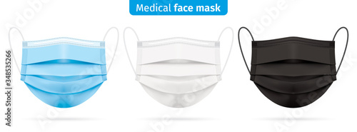 Vector set of medical face masks in blue, white and black colors. Corona virus protection surgical respirator masks isolated on white. Disease and pollution protective mask for personal health safety.