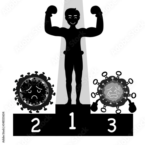 The man defeated Coronavirus. Vector cartoon character illustration icon design.