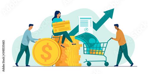People investing their money in venture fund vector illustration. Business people financing high potential company innovation. Money transaction with credit card