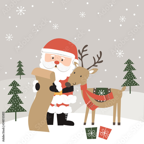 Cute Santa and reindeer reading Christmas gift list, vector illustration
