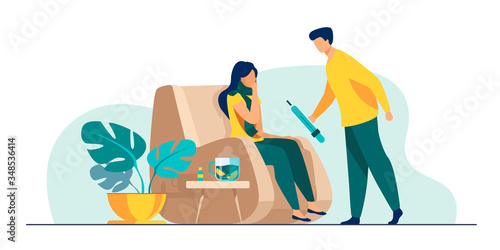 Woman in scarf catching cold and suffering from flu. Man taking care about sick girlfriend, giving thermometer to her. Vector illustration for infection, healthcare, illness concept