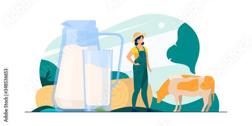 Fresh milk in glass jug. Cow pasturing on farming field. Vector illustration for farm food, nutrition, diet, calcium, casein concept