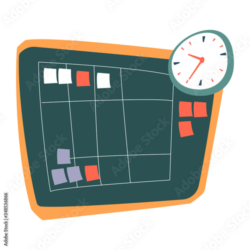 Taskboard with squared table and stickers vector. Time management and workflow organization. Increasing productivity and sticking to plan. Whiteboard with clock and notes reminding of events