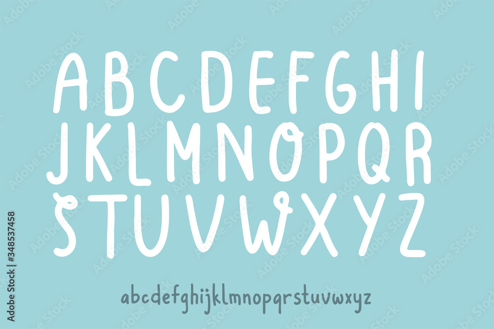 Obraz premium Vector snow white cute text. Set of handmade sticker style Alphabet uppercase and lowercase for sticker