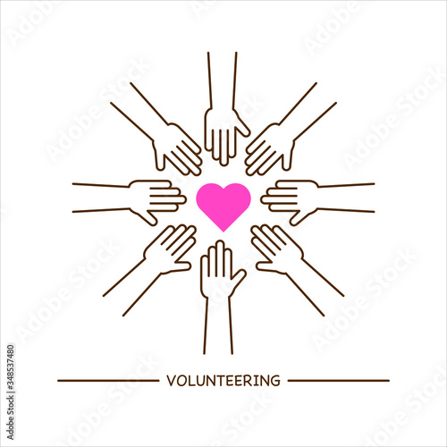 Team teamwork business join hand together concept, Power of male and female volunteer charity work, Single outline design icon, Vector illustration