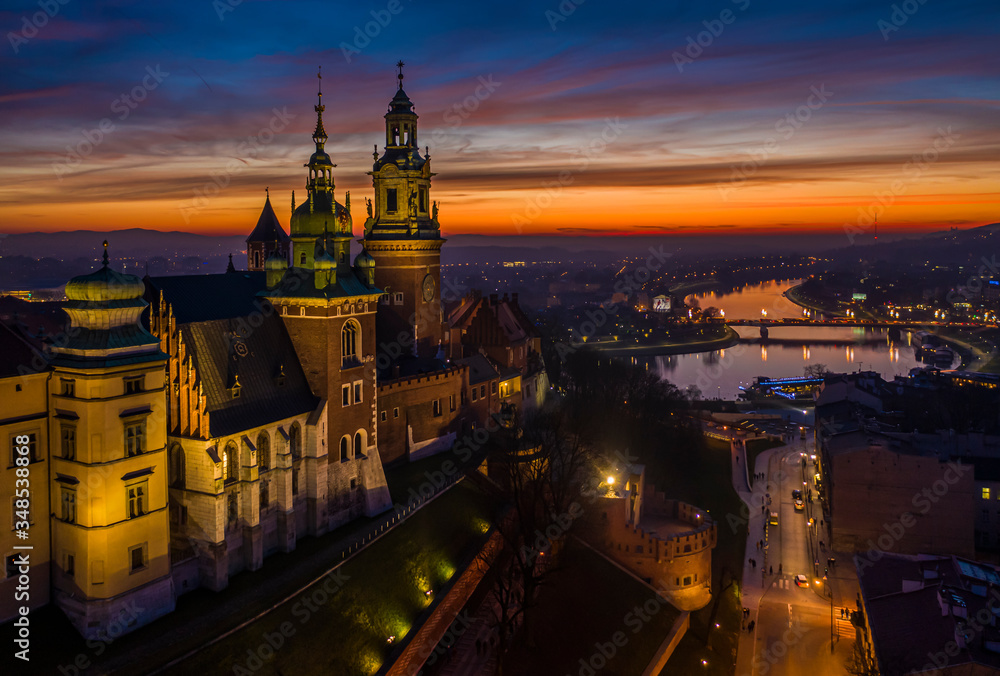 Sunset over Wawel castle, Cracow, Poland