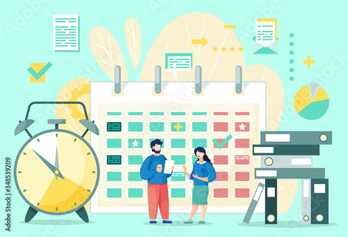 Businesspeople are communicating in office. Office characters near calendar are discussing a new project, doing effective time management, generating planned schedule. Flat vector illustration