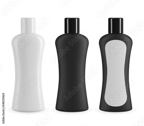 Black and white plastic cosmetic bottle whit lable. Realistic vector mockup for shampoo or shower gel design.