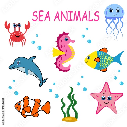 Cute colorful sea animals. Marine life. Ocean wildlife . Octopus, whale, seahorse, jellyfish,frog, turtle, crub, clown fish, sea star.