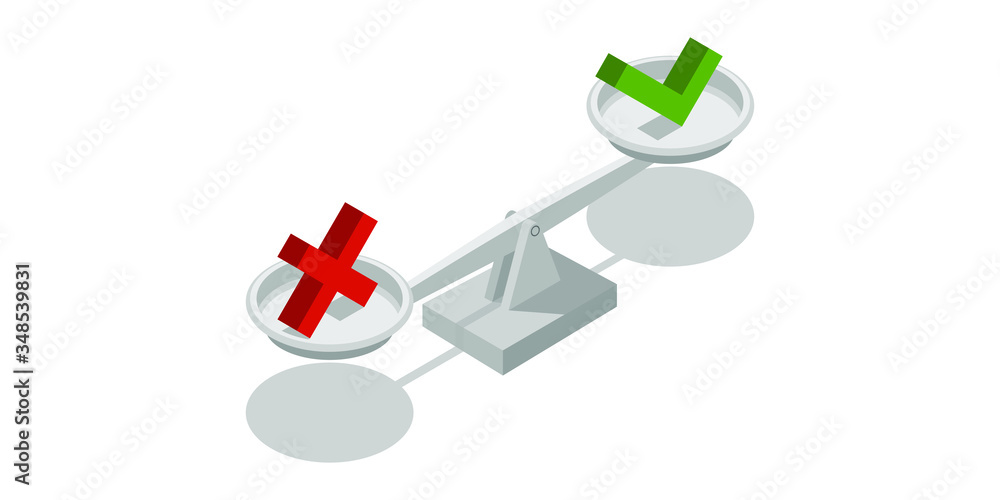 Isometric weight scales weighing red cross and green check mark. Yes