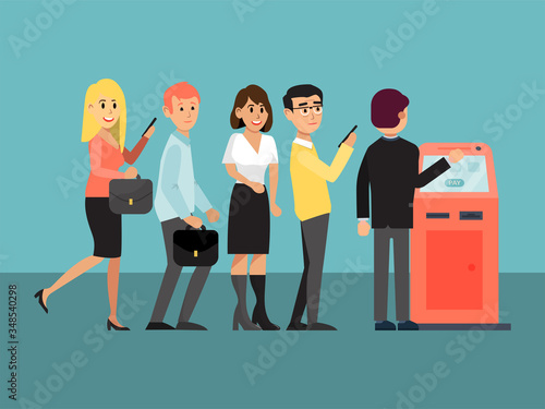 Queue at ATM, banking machine issuing money, paying services, cash withdrawal service, design, cartoon style vector illustration. People, men, women waiting line transactions, withdrawing currencies.