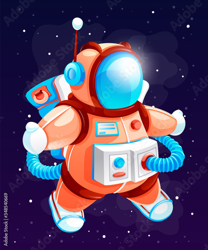 Cartoon astronaut in space vector illustration. Cosmonaut in outer space. Spaceman in a colorful spacesuit and antenna among bright stars on cosmos background. Character of cartoon space game