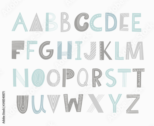 Kids alphabet with hand drawn elements in scandinavian style. Funky letters for posters, nursery, font, letters design. Vector illustration isolated on background.