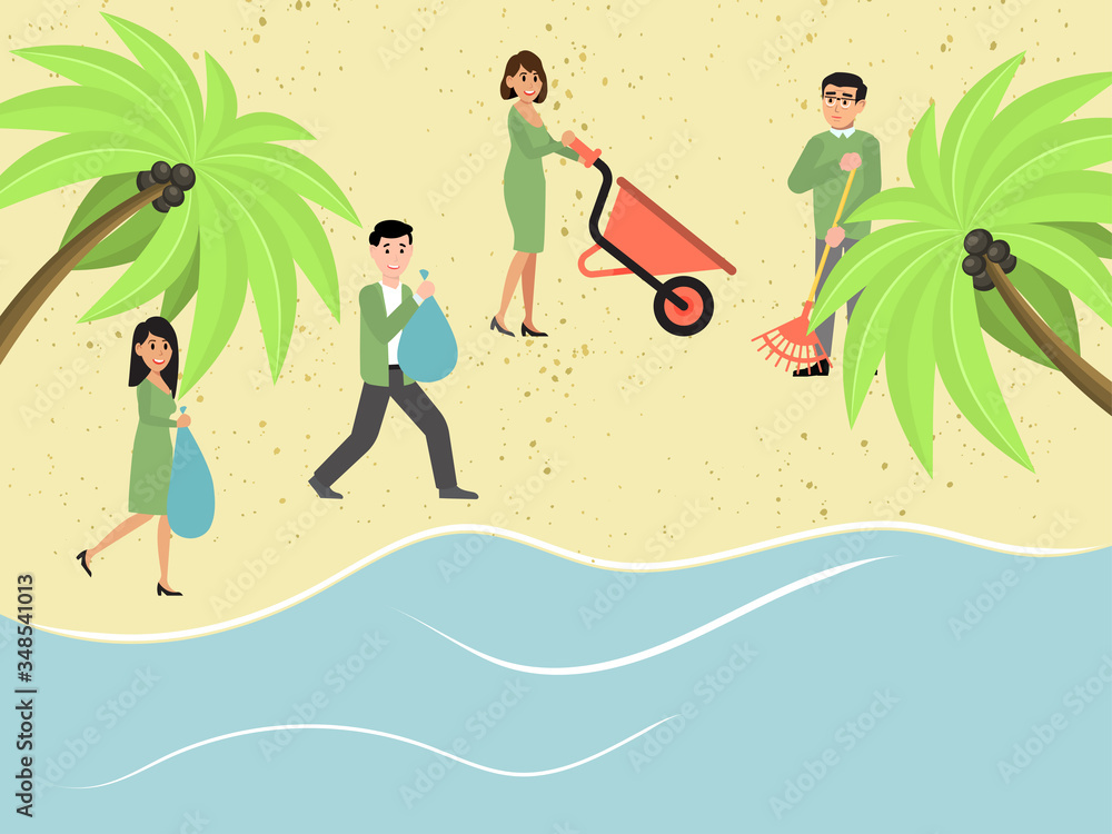 Polluted beach, healthy vacation, garbage collection and collecting plastic pollutes environment, cartoon vector illustration. Joyful people, men, women restore order in nature, running near sea.