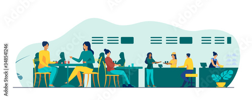People eating in food court cafeterias. Cartoon characters sitting at cafe tables and having lunch or dinner. Vector illustration for restaurant interior, catering, shopping mall concept