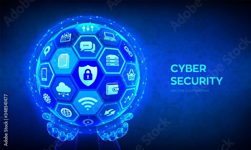 Cyber security. Information protect and or safe concept. Abstract 3D sphere or globe with surface of hexagons with icons in wireframe hands illustrates cyber data security idea. Vector illustration.