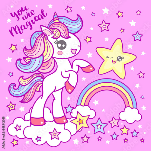 Princess unicorn, rainbow and star. Children's illustration. Vector