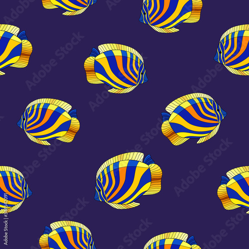 Tropical fishes with blue and yellow wavy stripes on dark purple background. Seamless hand drawn sea pattern.