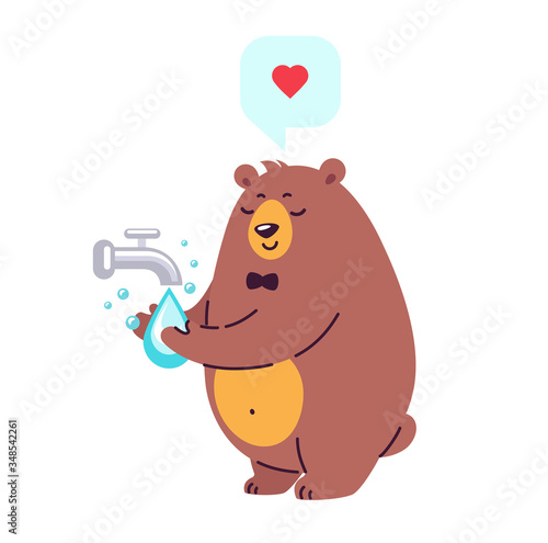 Wash your hands vector cartoon illustration. Smiling bear character washing hands under running water. Prevent virus infection concept. Cartoon flat style modern vector illustration