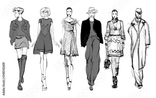Beautiful young women in modern style.. Hand drawn stylish woman portrait. Fashion lady. Festive outfit. Sketch. Fashion model posing in dress. Hand drawn fashion woman.