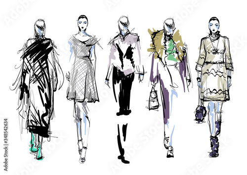 Beautiful young women in modern style.. Hand drawn stylish woman portrait. Fashion lady. Festive outfit. Sketch. Fashion model posing in dress. Hand drawn fashion woman.