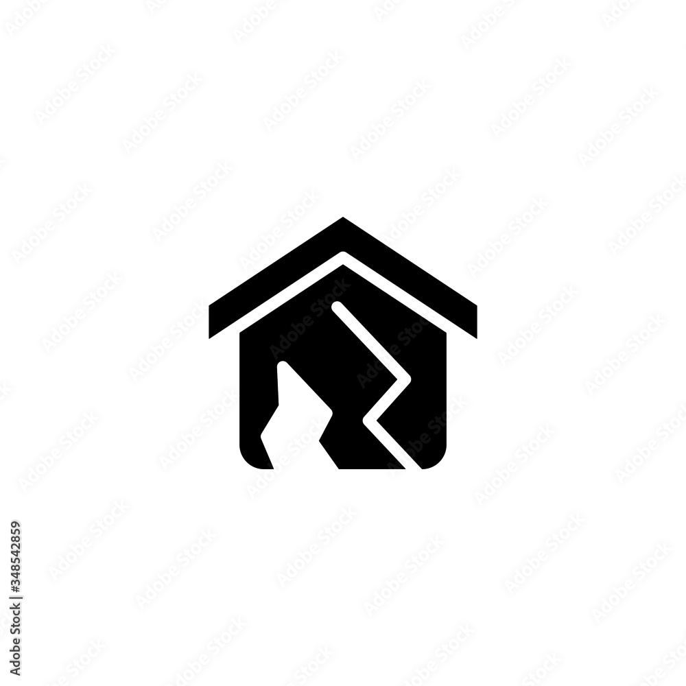Earthquake and home vector icon in black solid flat design icon isolated on white background Earthquake and home vector icon in black solid flat design icon isolated on white background